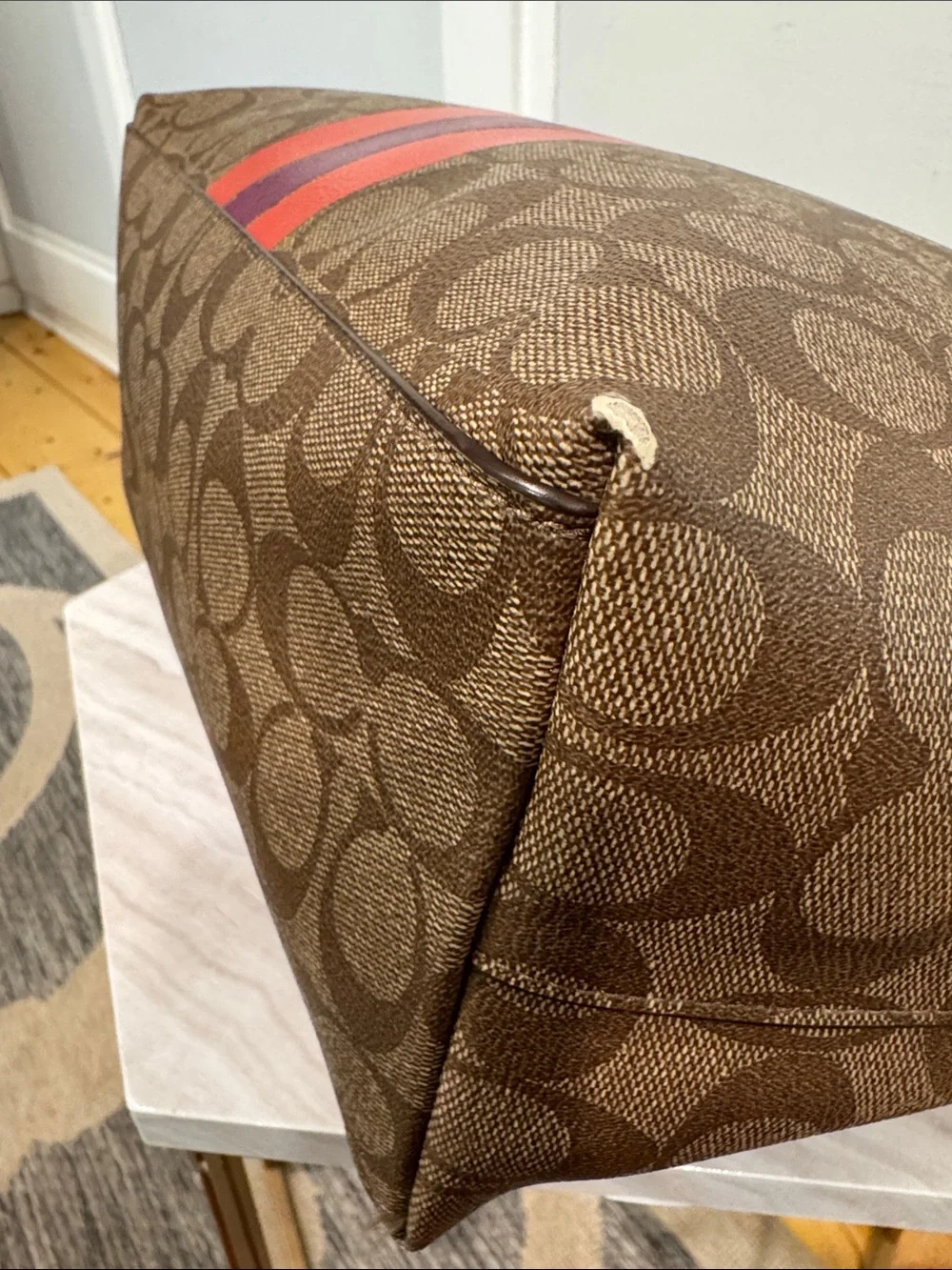 Coach Bag Signature Varsity City Zip Brown Tote with Logo Signature Stripe